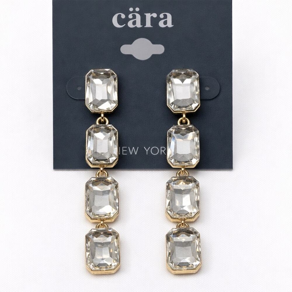 Cara Gold‎ Tone Crystal Drop Earrings Square/Rectangle Dangle, NWT